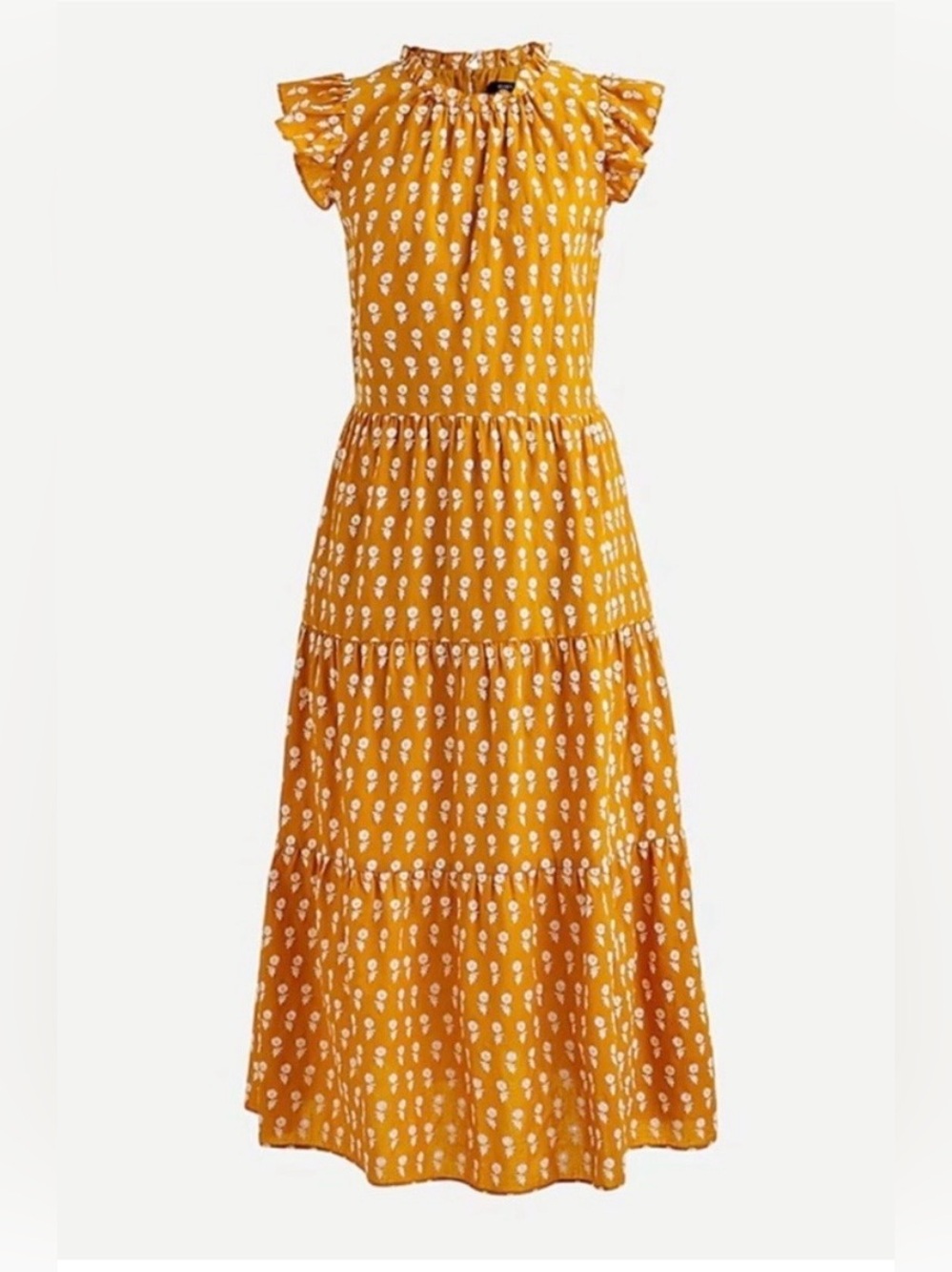 Mustard Yellow Floral Tiered Maxi Dress with Flutter Sleeves
